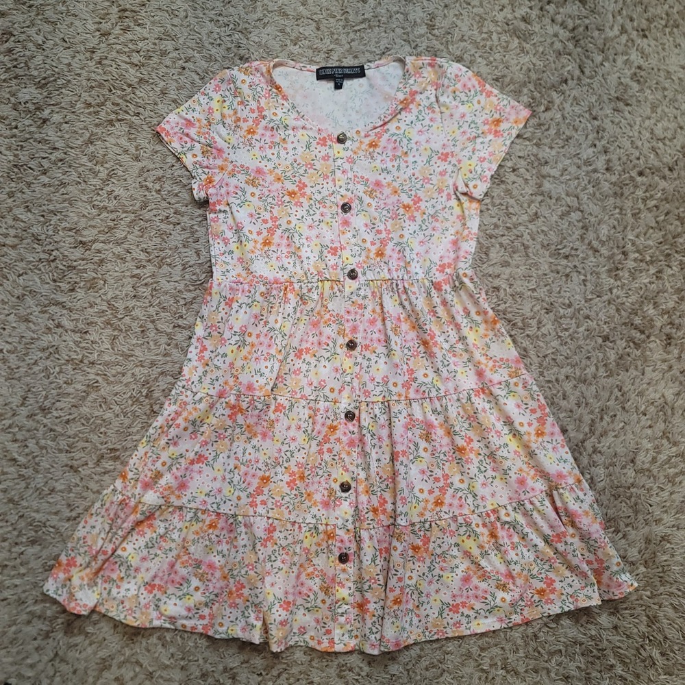 Three Pink Hearts Floral Dress Kids XL Pink‎ Orange Tiered Button Front